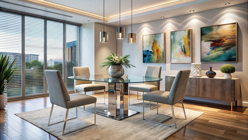 Fototapeta premium Stylish apartment dining area with modern glass table and statement artwork , stylish, apartment