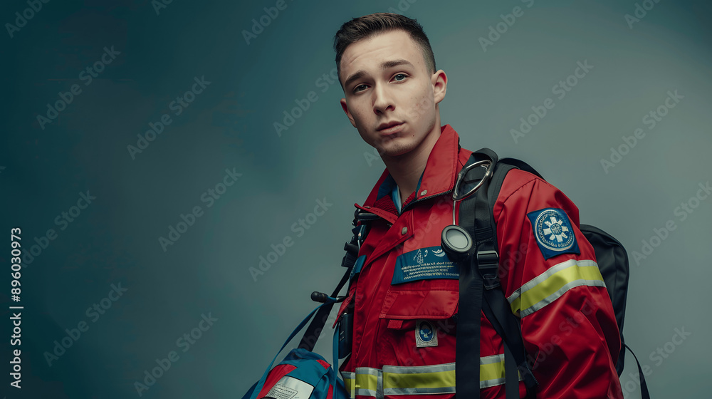 Paramedic in uniform holding medical bag against plain backdrop Paramedic in uniform holding medical bag against plain backdrop