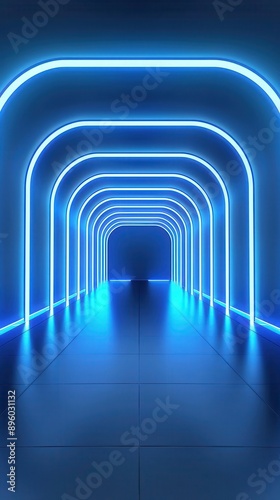 A modern tunnel illuminated with vibrant blue neon lights, creating a futuristic atmosphere and depth.