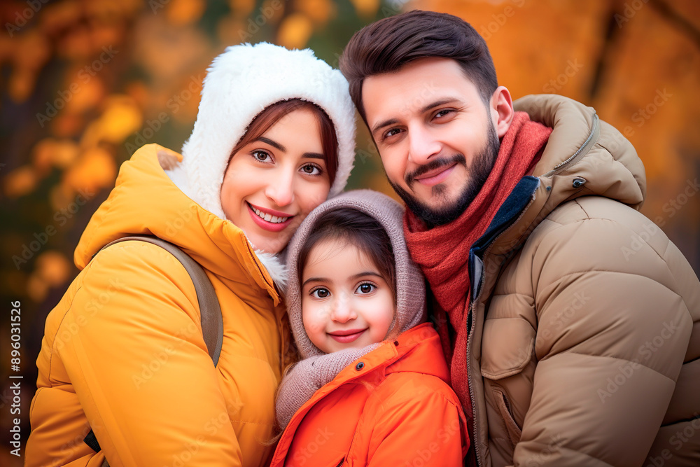 Muslim parents and their daughter having a good time together in the park with autumn leaves as background Muslim parents and their daughter having a good time together in the park with autumn leaves as background