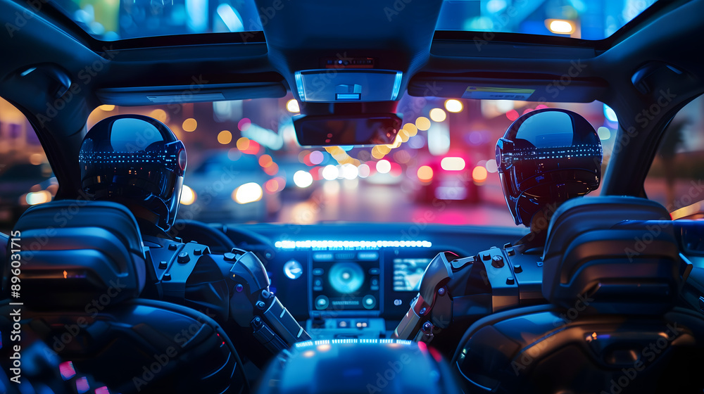 Robots policías patrullando en coche por una ciudad de noche Robots policías patrullando en coche por una ciudad de noche