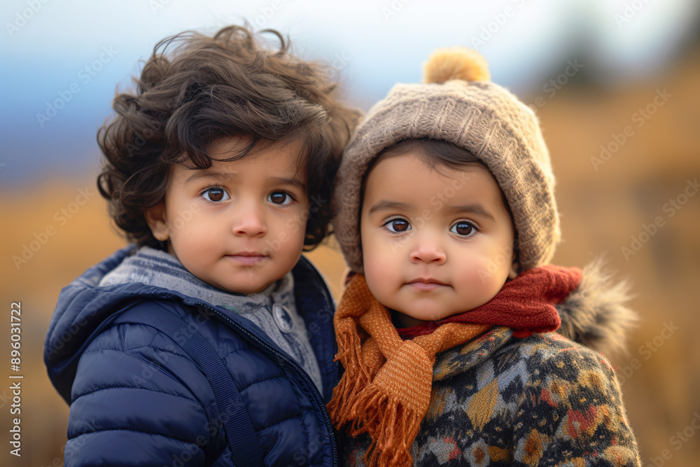 Two baby Latin American boys casual outdoors portrait in rural area Two baby Latin American boys casual outdoors portrait in rural area