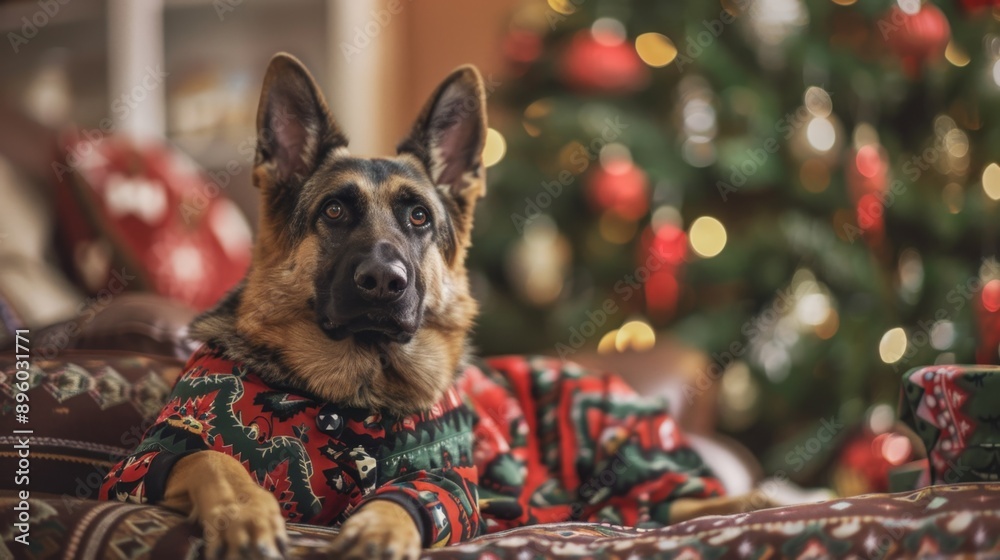 A German Shepherd in cozy, festive pajamas with holiday patterns, lounging by the tree A German Shepherd in cozy, festive pajamas with holiday patterns, lounging by the tree