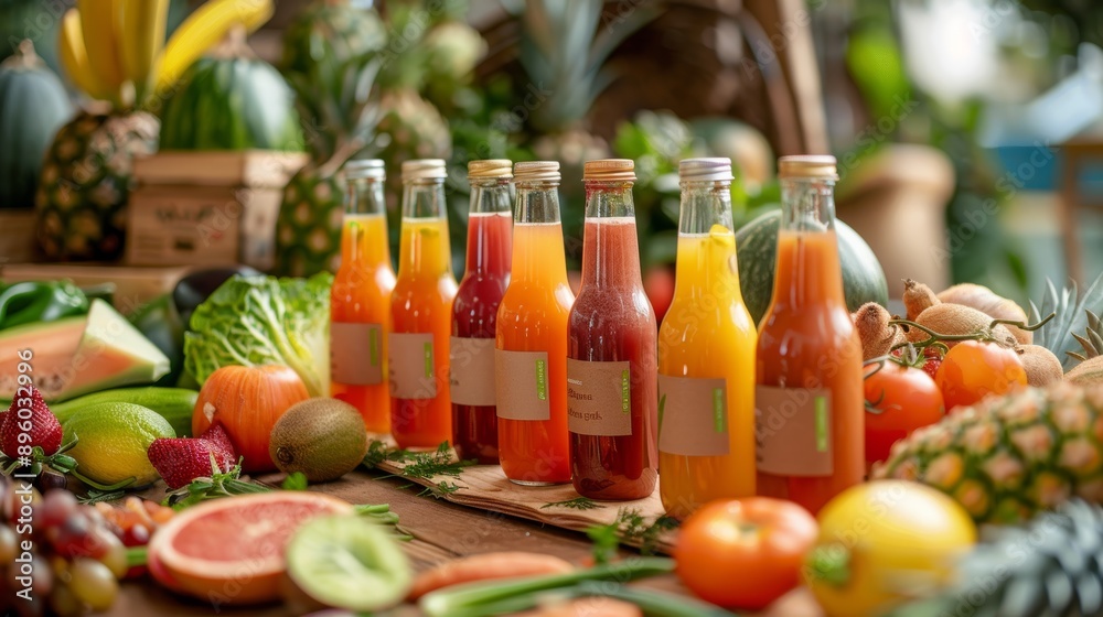 Colorful Juice Bottles Display with Fresh Fruits and Vegetables on Wooden Table for Healthy Living Colorful Juice Bottles Display with Fresh Fruits and Vegetables on Wooden Table for Healthy Living