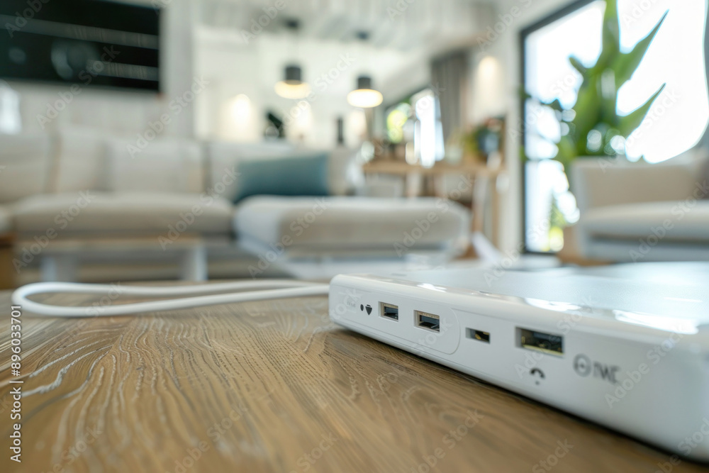 Smart Power Strip with USB Ports in Modern Living Room Featuring Contemporary Furniture and Natural Light for Efficient Home Electronics Management and Charging Smart Power Strip with USB Ports in Modern Living Room Featuring Contemporary Furniture and Natural Light for Efficient Home Electronics Management and Charging