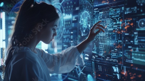 Young Mathematician Analyzing Advanced Algorithm on Holographic Screen in Futuristic Lab