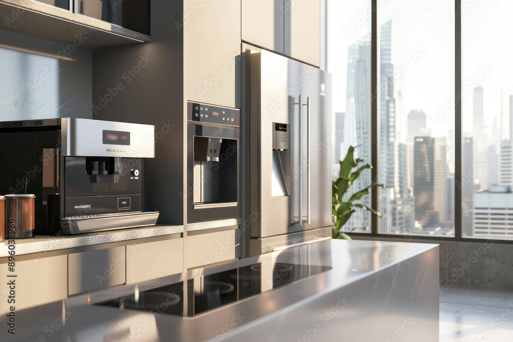 Smart Kitchen in Luxurious Apartment with Digital Interfaces and Minimalist Design for Advanced Home Automation and Efficient Kitchen Management Smart Kitchen in Luxurious Apartment with Digital Interfaces and Minimalist Design for Advanced Home Automation and Efficient Kitchen Management