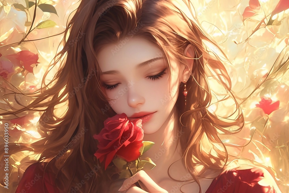 A beautiful and cute girl holding a rose, japanese anime style character illustration, bright and romantic. A beautiful and cute girl holding a rose, japanese anime style character illustration, bright and romantic.