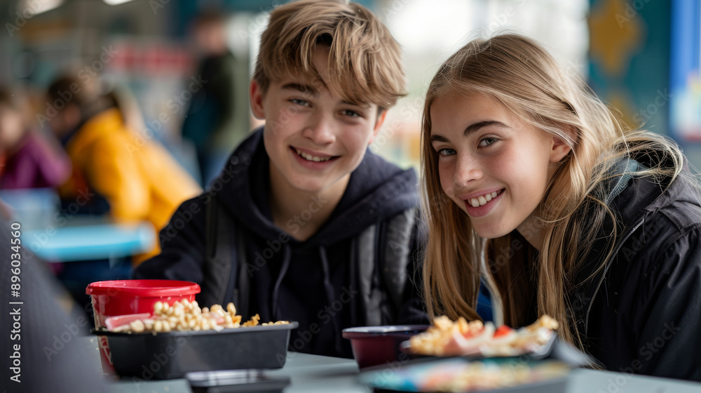 School chilren eating healthy food from packed lunch box. Kids at table in cafeteria. Pupils have vegetarian breakfast in canteen. Back to school concept. Generative ai School chilren eating healthy food from packed lunch box. Kids at table in cafeteria. Pupils have vegetarian breakfast in canteen. Back to school concept. Generative ai