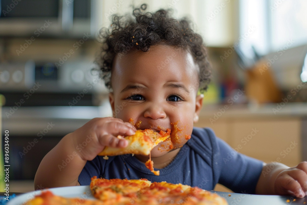 African-American cute little baby kid child eating spaghetti with a messy face laughing. Joyful kids growing, healthy childhood. Happy child eating fresh cooked not healthy meal pizza African-American cute little baby kid child eating spaghetti with a messy face laughing. Joyful kids growing, healthy childhood. Happy child eating fresh cooked not healthy meal pizza