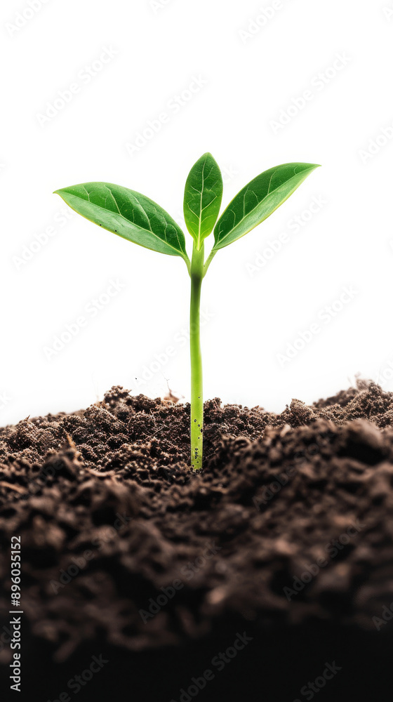 Young green plant sprouting in soil on white background, growth and nature concept Young green plant sprouting in soil on white background, growth and nature concept