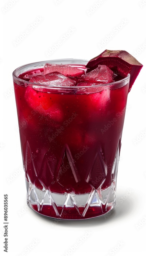 Bold Red Beetroot Juice Blend in Clear Glass with Ice Cubes and Beetroot Slice Garnish