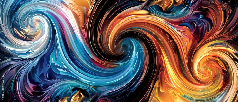 Vivid abstract swirl painting blending blue, red, orange, and yellow tones creating a dynamic and mesmerizing effect.