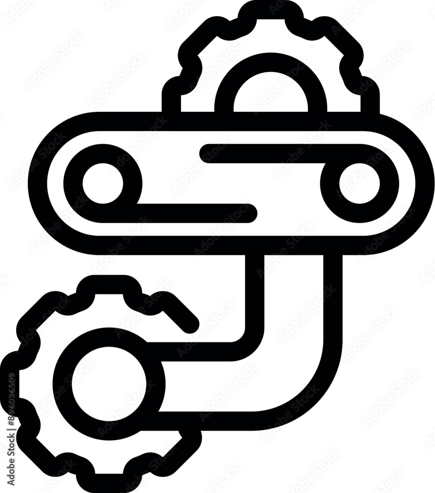 Line drawing of a conveyor belt connecting gears, symbolizing a smooth and efficient manufacturing process