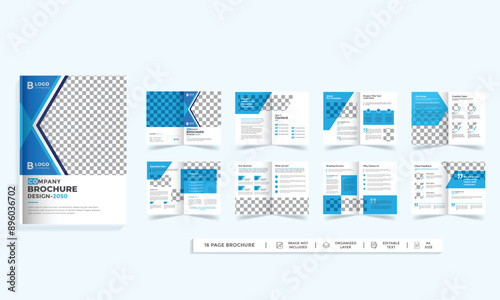 Corporate business presentation guide brochure template, Annual report, 16 page minimalist flat geometric business brochure design template, A4 size.