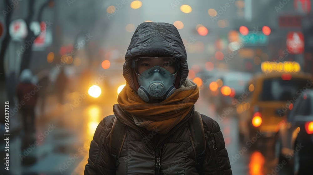 Person wearing a gas mask in a city. Person wearing a gas mask in a city.