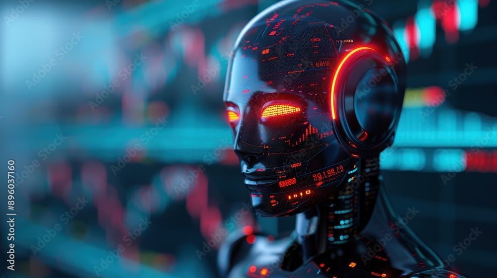 AI Robot Head with Red Glowing Eyes. AI Robot Head with Red Glowing Eyes.