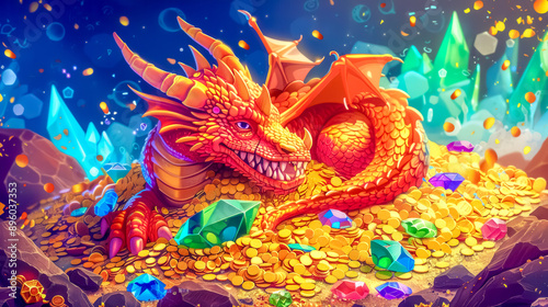 Fierce red dragon guarding its treasure of gold coins and gems