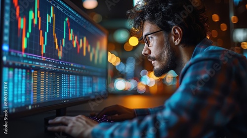 Stock Market Trader Working Late at Night. © 1000lnw