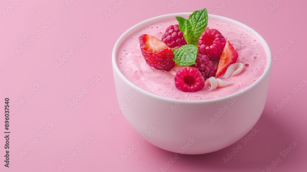 Pink Smoothie Bowl with Strawberries and Raspberries.