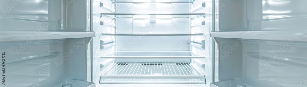 Bright and Organized: Empty Refrigerator with White Shelves and Illuminated Interior for Kitchen Solutions Advertisements Bright and Organized: Empty Refrigerator with White Shelves and Illuminated Interior for Kitchen Solutions Advertisements