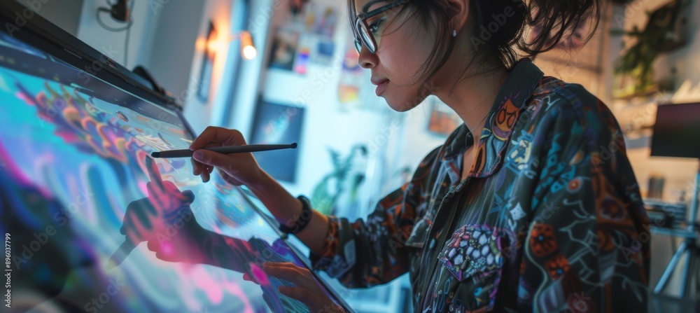 Fototapeta premium Young Artist Creating Vibrant Digital Art on Tablet in Modern Studio