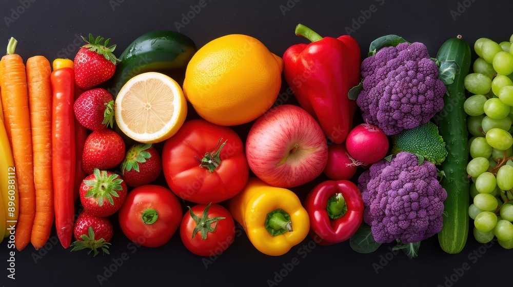 Colorful Fruits and Vegetables Rainbow on Black Background. Colorful Fruits and Vegetables Rainbow on Black Background.