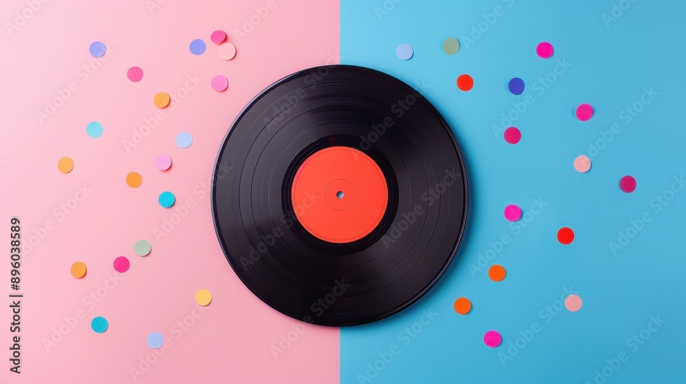 Obraz premium Black Vinyl Record on Pink and Blue Background with Confetti.