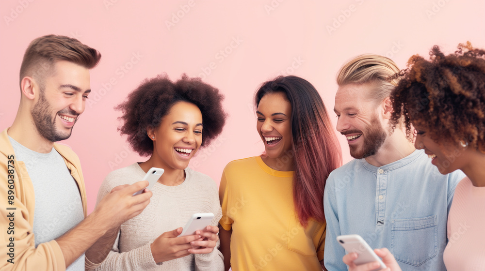 Fototapeta premium a group of friends casually enjoying each other's company, sharing a laugh while looking at a smartphone. The background features a soft pink wall, emphasizing the relaxed and fun