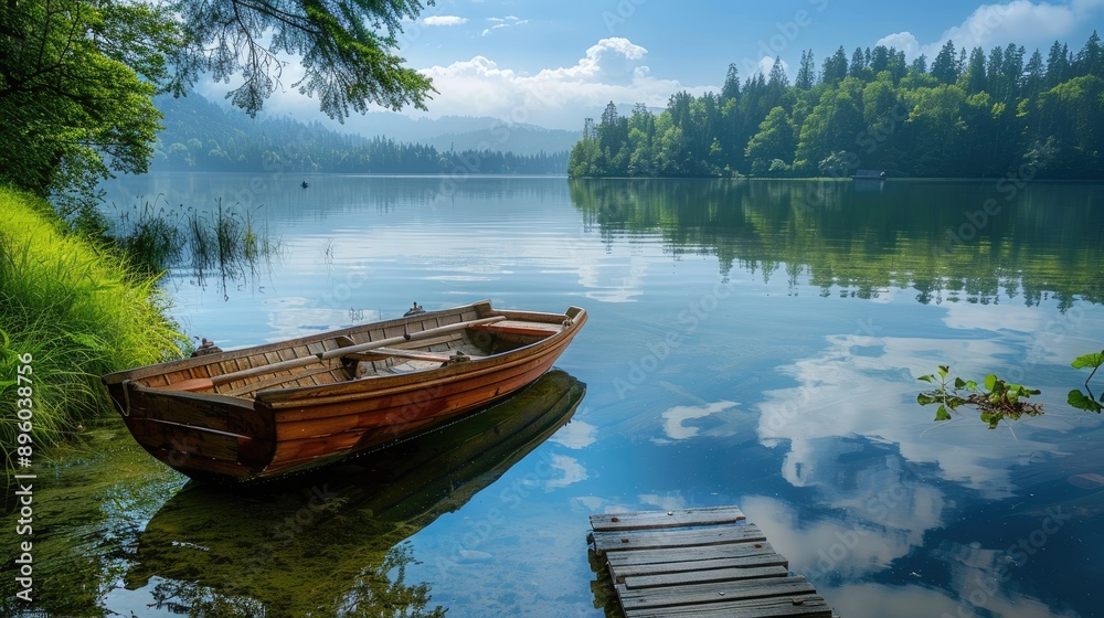Tranquil lake scene with a row boat and wooden bridge, calm water and scenic sky, perfect for a relaxing escape Tranquil lake scene with a row boat and wooden bridge, calm water and scenic sky, perfect for a relaxing escape