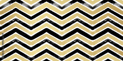 Gold and black Christmas seamless vector pattern. Hand drawn chevron golden foil print. Shining stripes zigzag background
