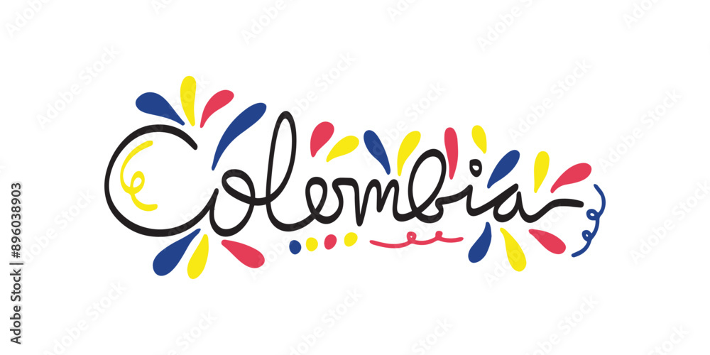 Hand written lettering  Colombia with decorative elements in flag colors.