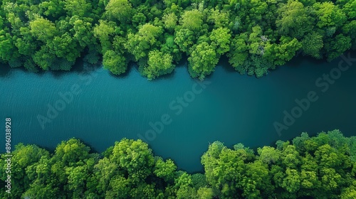 Aerial View of Green Forest and Calm River.