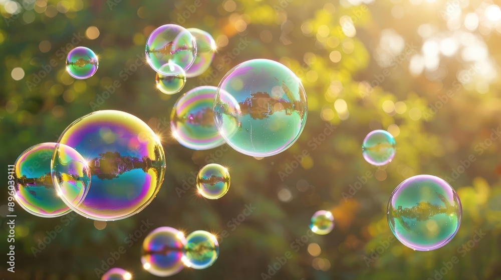 Cluster of soap bubbles with vivid rainbow hues floating against a blurred nature background, emphasizing serenity Cluster of soap bubbles with vivid rainbow hues floating against a blurred nature background, emphasizing serenity