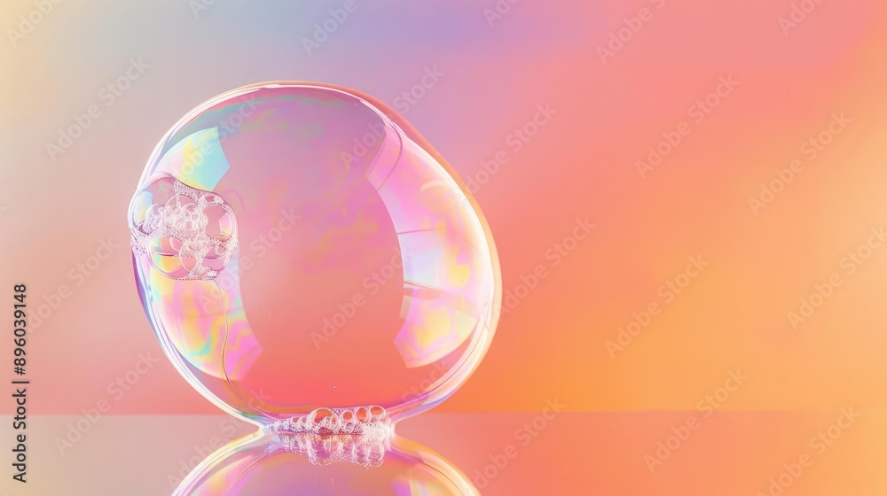 A single iridescent soap bubble reflecting light against a colorful background. A single iridescent soap bubble reflecting light against a colorful background.