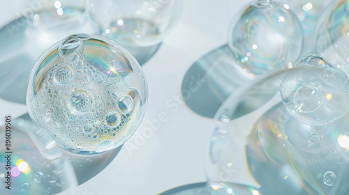 Close-up of clear glass bubbles with iridescent reflections on a white background.