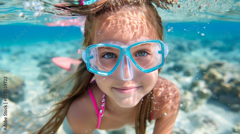 Naklejka premium Underwater portrait of a smiling girl wearing diving goggle. Vibrant summertime