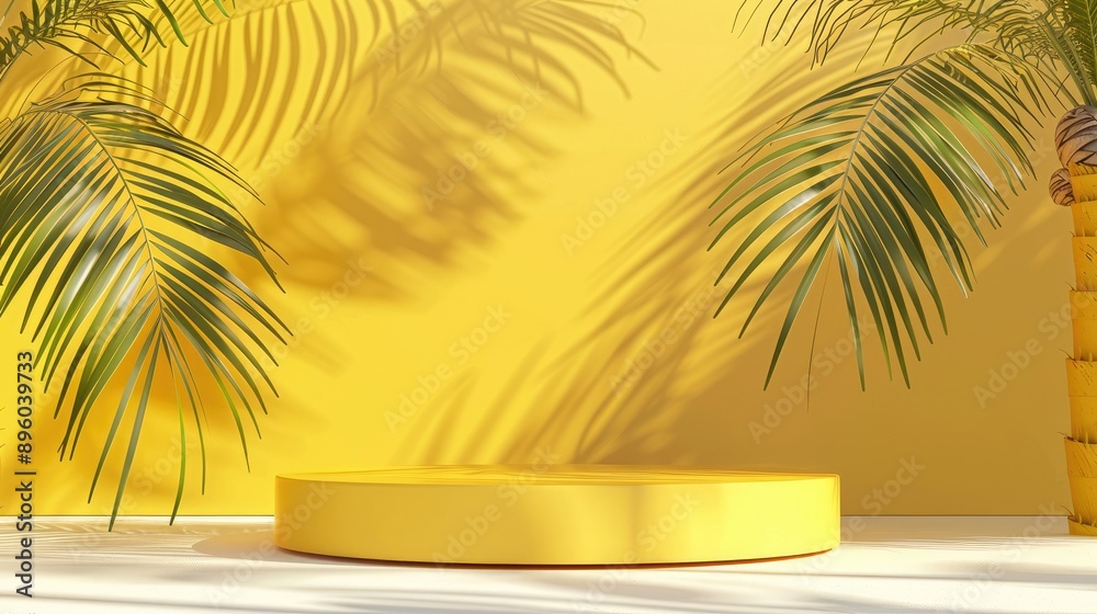 Tropical yellow podium, 3D product display with palm leaves, minimal summer background, beauty stage, abstract nature scene, mockup design Tropical yellow podium, 3D product display with palm leaves, minimal summer background, beauty stage, abstract nature scene, mockup design
