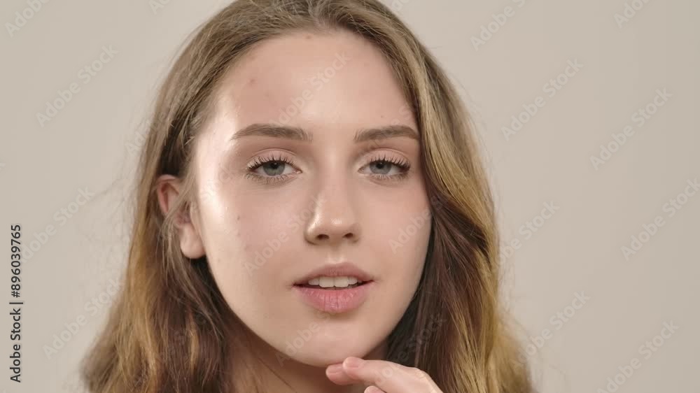 Young woman posing at camera smiling and fixing hair, isolated on white background. Natural beauty and skin care concept Young woman posing at camera smiling and fixing hair, isolated on white background. Natural beauty and skin care concept