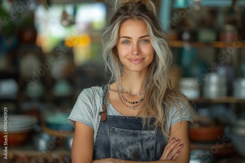 Wallpaper Mural A woman with blonde hair in an apron, smiles warmly in a well-lit kitchen, with wooden shelves and culinary items blurred in the background. Torontodigital.ca