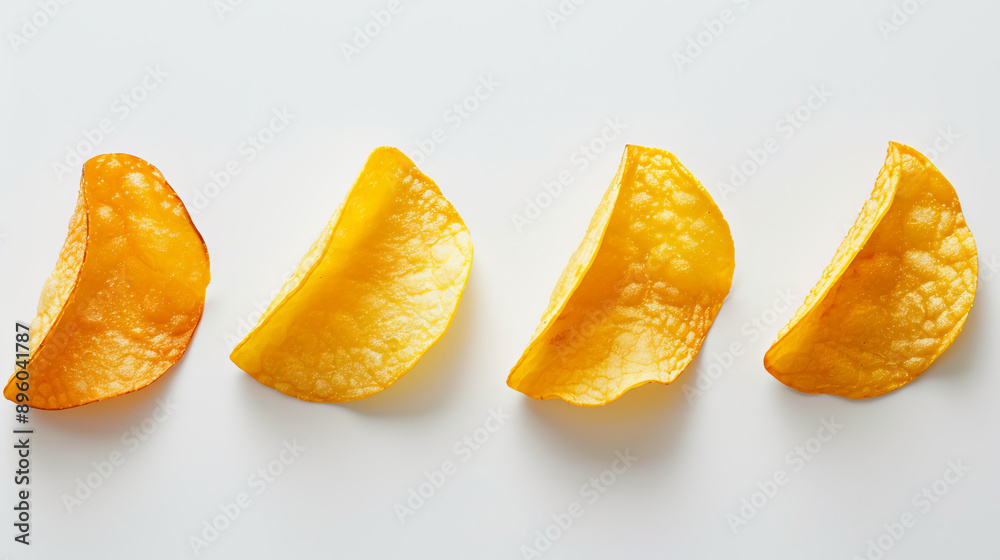 Potato chips in a row on a white background, close-up. Snack food concept Potato chips in a row on a white background, close-up. Snack food concept