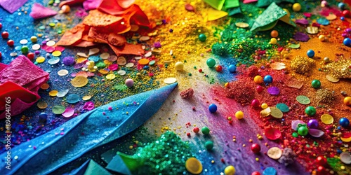 Abstract colorful background made with various materials such as paint, paper, fabric and glitter, abstract