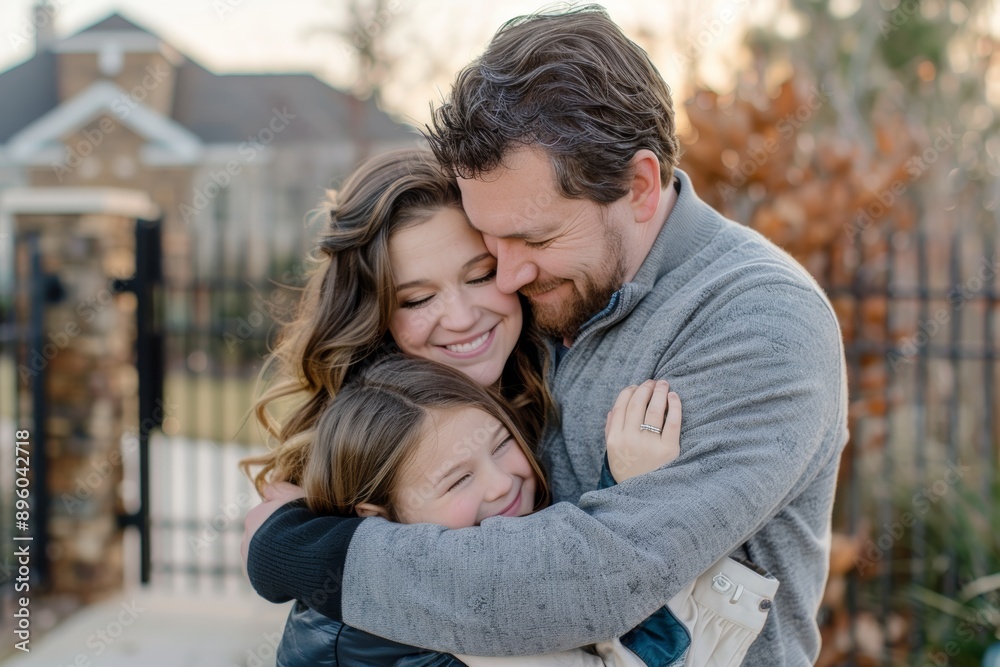 Joyful Family Embracing Happiness and Security in Their New Home Outdoors Joyful Family Embracing Happiness and Security in Their New Home Outdoors