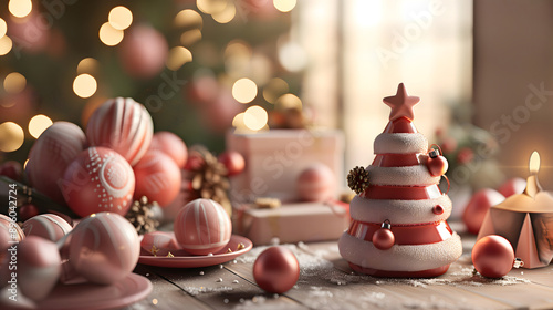 A festive Christmas decoration with candles and ornaments arranged on a table, featuring gold accents and a holiday atmosphere
