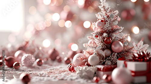 Red Christmas Tree with Festive Decorations and Ribbons photo