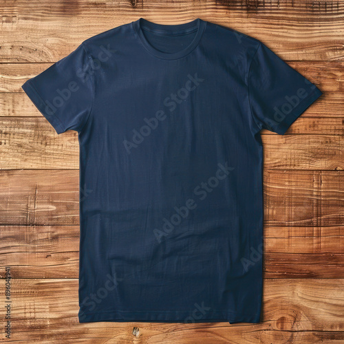 T- shirt mockup on wooden background, Mock up for design and print, Front Navy Blue T-shirt Mockup	