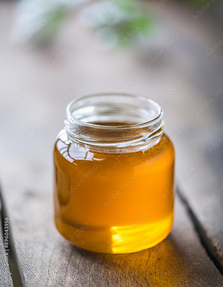 Transparent glass jar of fresh honey on wooden table. Natural sweet dessert. Tasty food. Transparent glass jar of fresh honey on wooden table. Natural sweet dessert. Tasty food.
