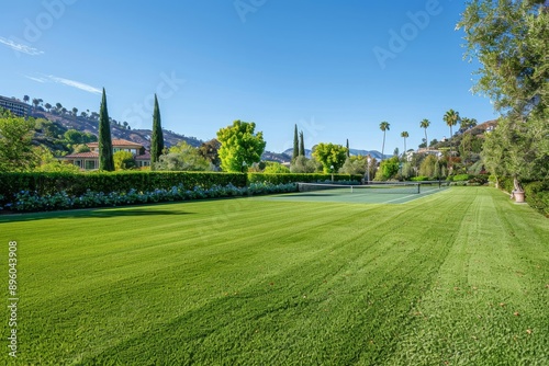 Expansive grounds with a private tennis court, swimming pool, and beautifully landscaped gardens. --chaos 10 --ar 3:2 --stylize 200 Job ID: 0976e804-e243-4ea5-84ac-370108ad4a99 photo