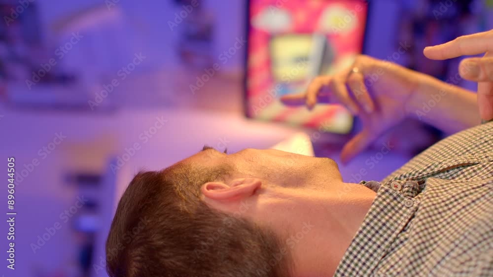 A man in a checkered shirt is speaking thoughtfully and gesturing against a colorful background, engaging in a dialogue A man in a checkered shirt is speaking thoughtfully and gesturing against a colorful background, engaging in a dialogue