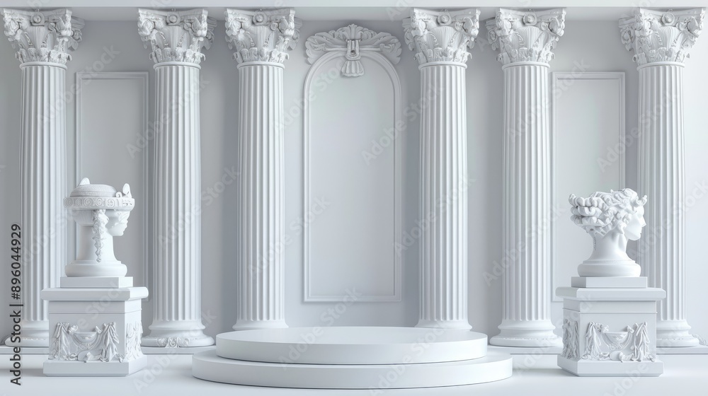 Fototapeta premium White 3D podium with Greek and Roman architectural elements, ideal for classical and luxurious product presentations